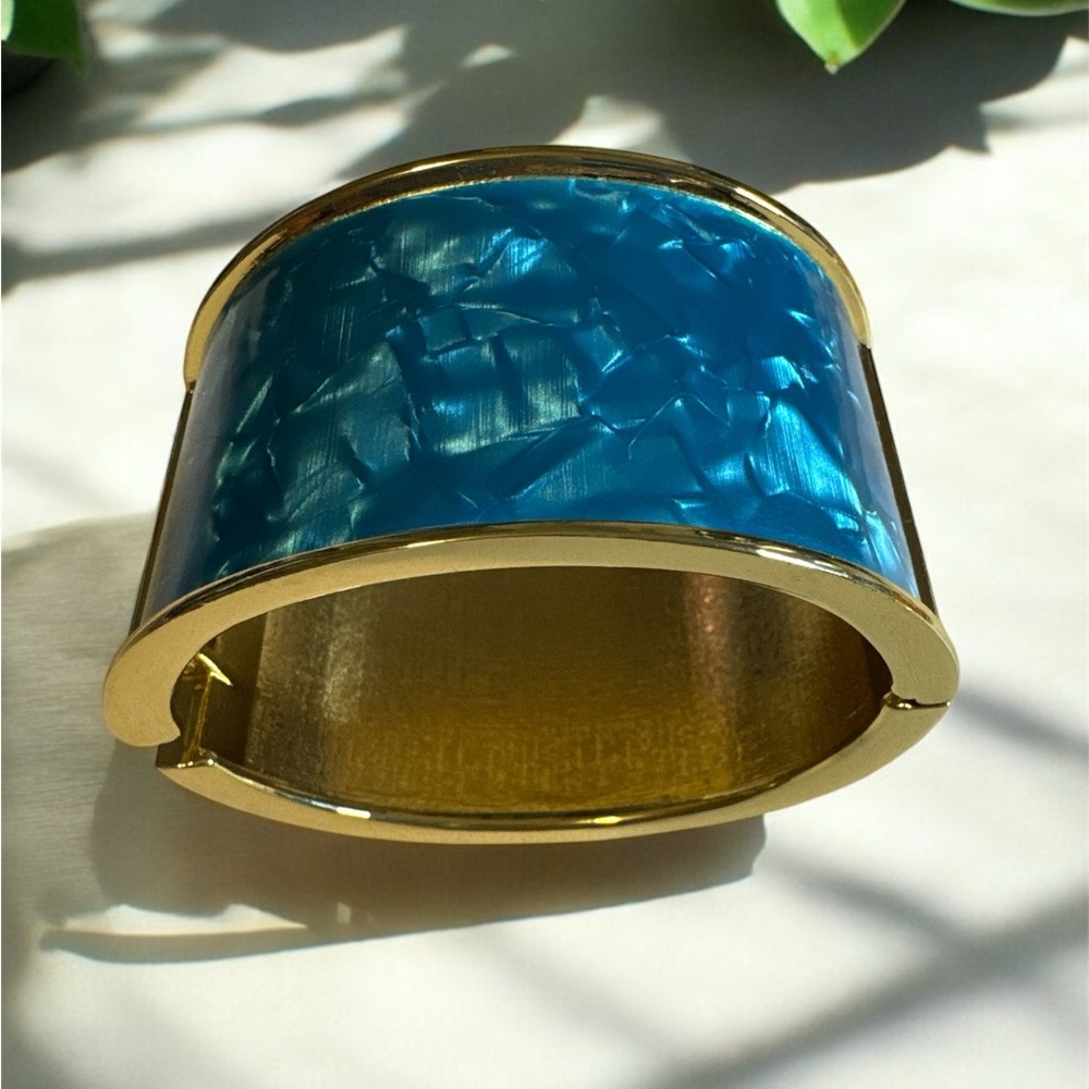 Wide Gold and Blue Cuff Bracelet Hinged NEW